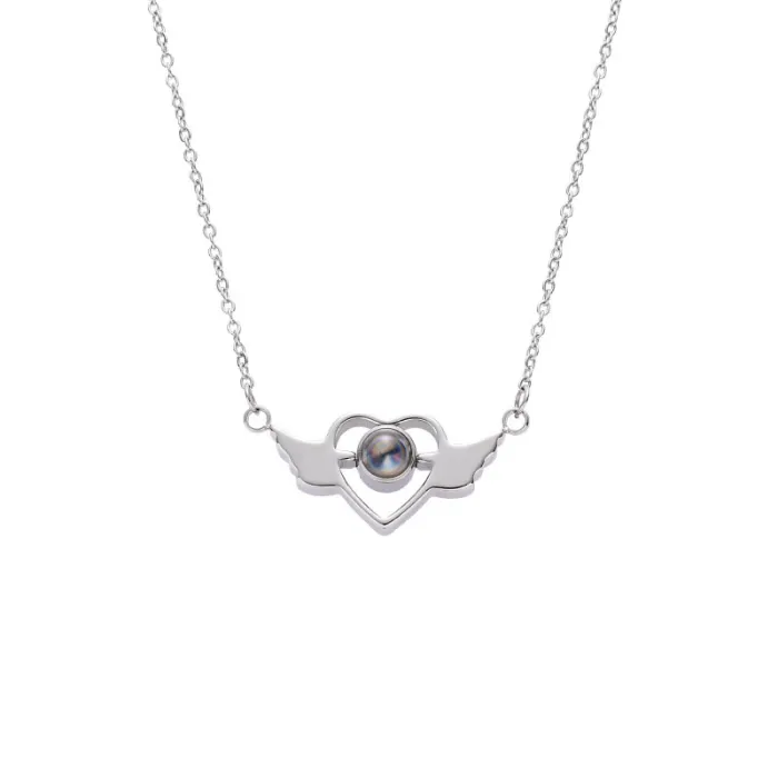 Angel Wings Projection Necklace – 100 Languages "I Love You" Pendant for Women | Romantic Heart Wing Design | Stainless Steel Jewelry | Wholesale