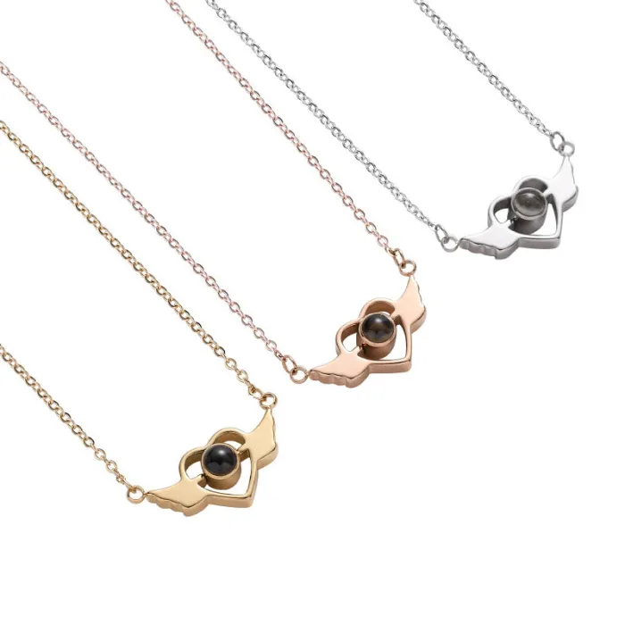Angel Wings Projection Necklace – 100 Languages "I Love You" Pendant for Women | Romantic Heart Wing Design | Stainless Steel Jewelry | Wholesale