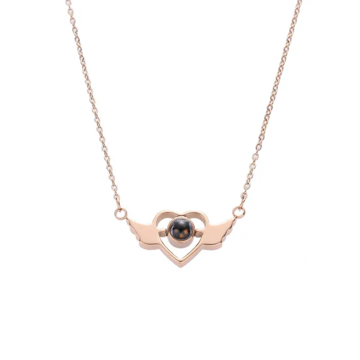 Angel Wings Projection Necklace – 100 Languages "I Love You" Pendant for Women | Romantic Heart Wing Design | Stainless Steel Jewelry | Wholesale