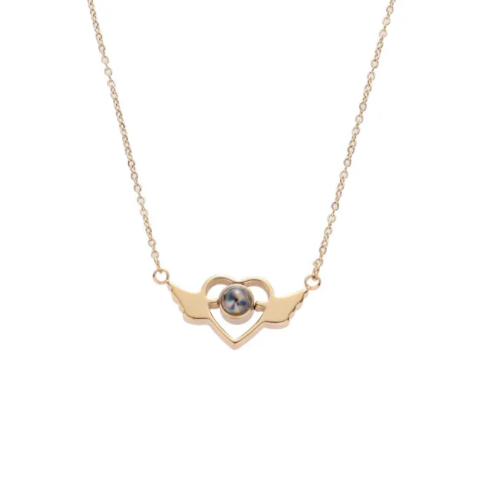 Angel Wings Projection Necklace – 100 Languages "I Love You" Pendant for Women | Romantic Heart Wing Design | Stainless Steel Jewelry | Wholesale