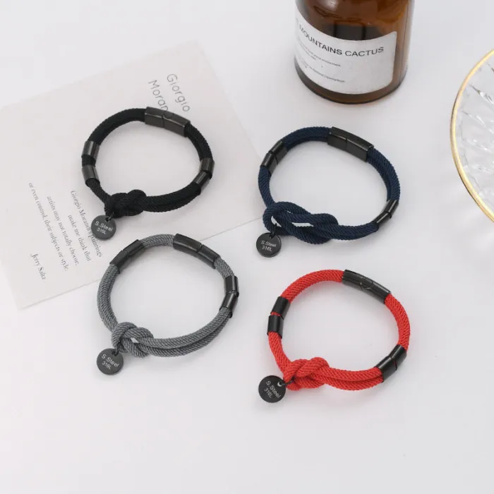 Minimalist Fresh Style Couple Bracelet – Double-Layer Braided Cord with Metal Accents | Trendy Titanium Steel Hand Accessory | Wholesale