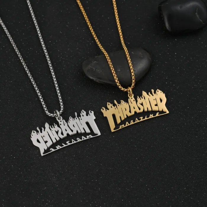Hip-Hop Titanium Steel Flame Letter Pendant Necklace – Customizable Street Dance Accessory | Trendy Party Jewelry | Wholesale