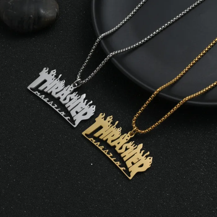 Hip-Hop Titanium Steel Flame Letter Pendant Necklace – Customizable Street Dance Accessory | Trendy Party Jewelry | Wholesale