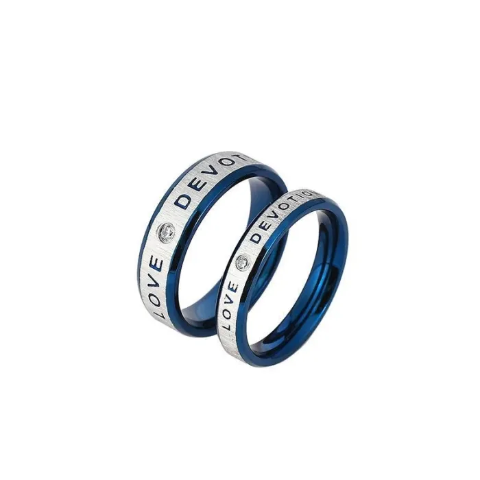 Stainless Steel Couple Rings – Blue Tone with Crystal Inlay | Personalized Matching Rings for Him & Her | Fashion Jewelry | Wholesale