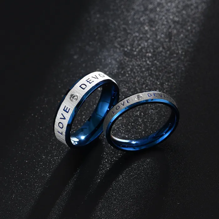 Stainless Steel Couple Rings – Blue Tone with Crystal Inlay | Personalized Matching Rings for Him & Her | Fashion Jewelry | Wholesale