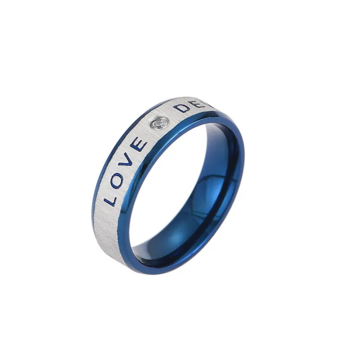 Stainless Steel Couple Rings – Blue Tone with Crystal Inlay | Personalized Matching Rings for Him & Her | Fashion Jewelry | Wholesale