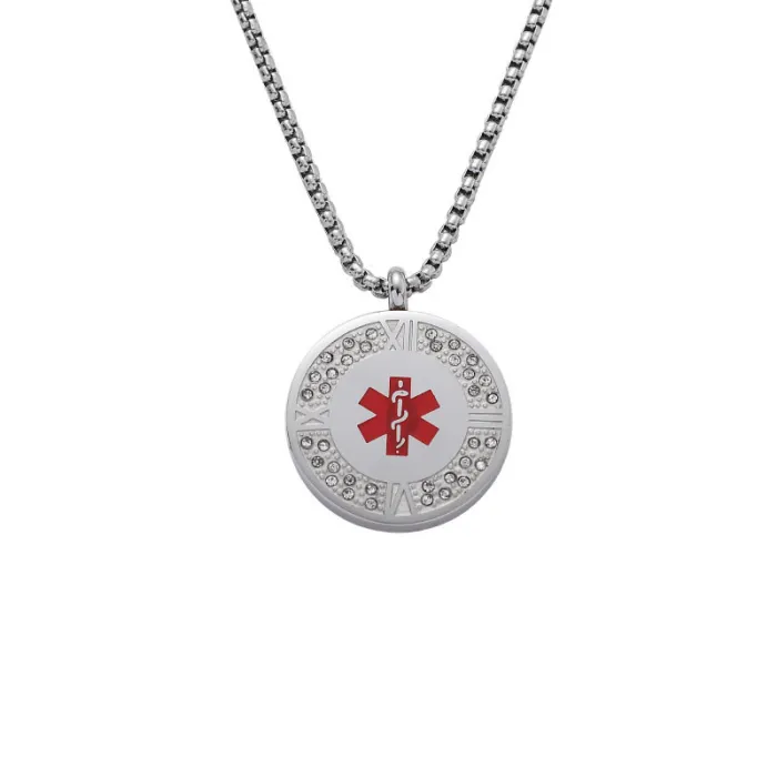 Medical Caduceus Symbol Pendant – Titanium Steel Round Necklace with Crystal & Roman Numerals for Men | Trendy Healthcare Jewelry | Wholesale