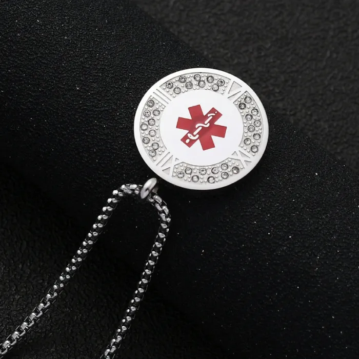 Medical Caduceus Symbol Pendant – Titanium Steel Round Necklace with Crystal & Roman Numerals for Men | Trendy Healthcare Jewelry | Wholesale