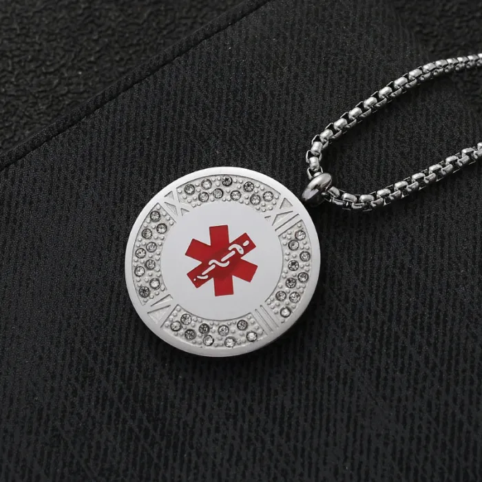Medical Caduceus Symbol Pendant – Titanium Steel Round Necklace with Crystal & Roman Numerals for Men | Trendy Healthcare Jewelry | Wholesale