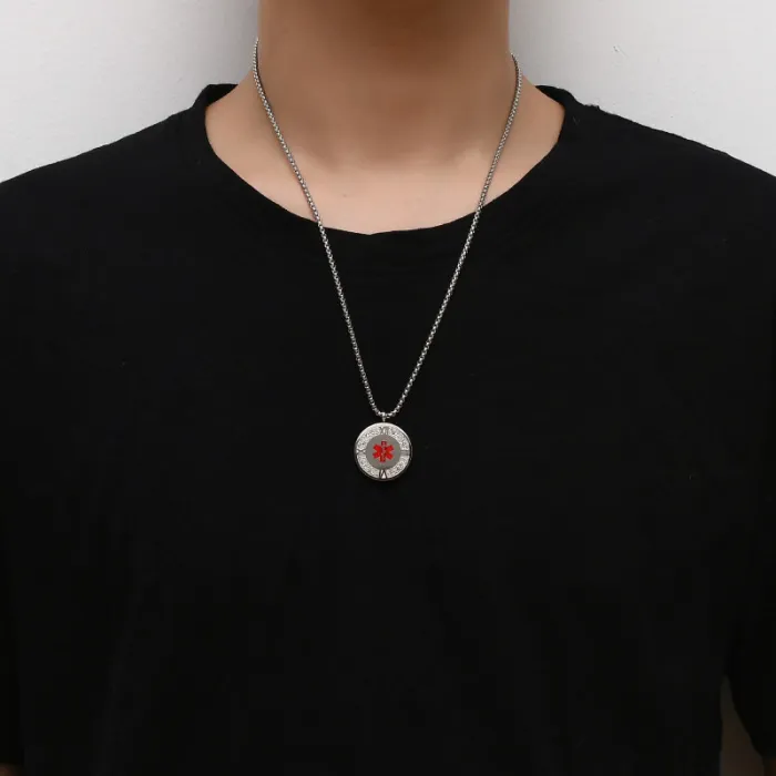 Medical Caduceus Symbol Pendant – Titanium Steel Round Necklace with Crystal & Roman Numerals for Men | Trendy Healthcare Jewelry | Wholesale