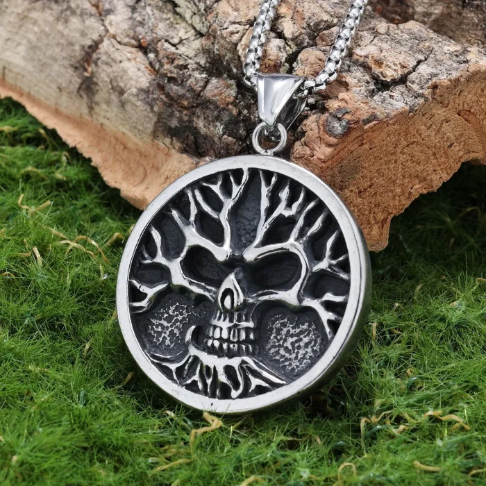 Tree of Life Pendant Necklace – Hip-Hop Style Skull Accent Stainless Steel Chain for Men | Retro Fashion Jewelry | Wholesale