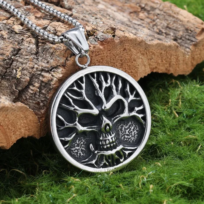 Tree of Life Pendant Necklace – Hip-Hop Style Skull Accent Stainless Steel Chain for Men | Retro Fashion Jewelry | Wholesale