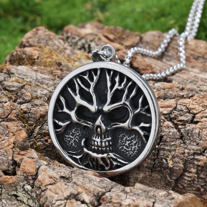 Tree of Life Pendant Necklace – Hip-Hop Style Skull Accent Stainless Steel Chain for Men | Retro Fashion Jewelry | Wholesale