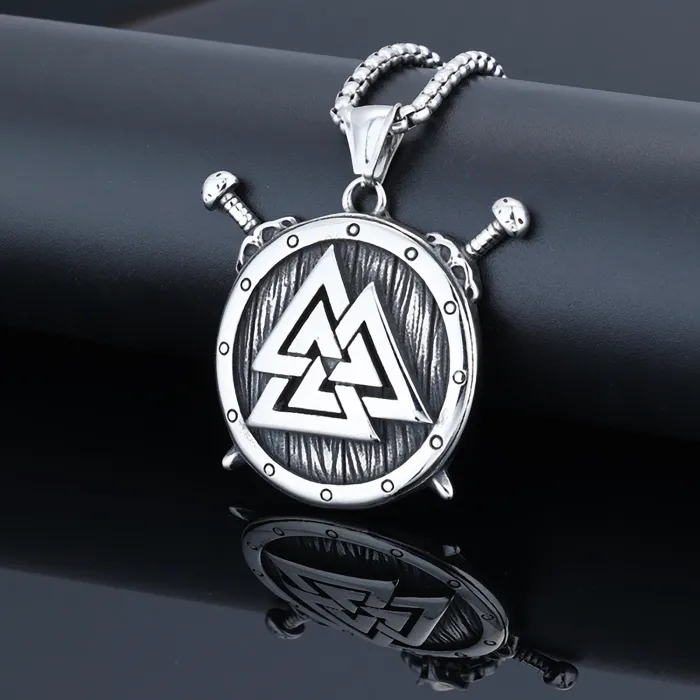 Viking Double Sword Shield Pendant – Retro Nordic Stainless Steel Necklace for Men | Warrior Style Amulet | Wholesale
