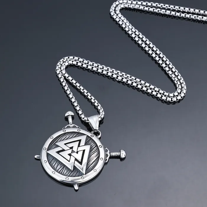 Viking Double Sword Shield Pendant – Retro Nordic Stainless Steel Necklace for Men | Warrior Style Amulet | Wholesale