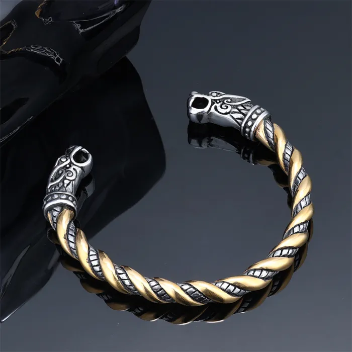Viking Wolf Head Pendant – Two-Tone Braided Stainless Steel Necklace | Retro Norse Punk Jewelry for Men | Wholesale Accessories