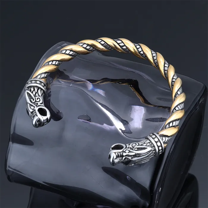 Viking Wolf Head Pendant – Two-Tone Braided Stainless Steel Necklace | Retro Norse Punk Jewelry for Men | Wholesale Accessories