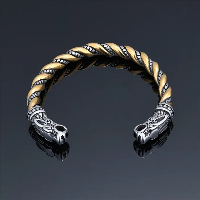 Viking Wolf Head Pendant – Two-Tone Braided Stainless Steel Necklace | Retro Norse Punk Jewelry for Men | Wholesale Accessories