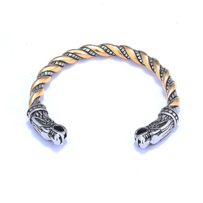 Viking Wolf Head Pendant – Two-Tone Braided Stainless Steel Necklace | Retro Norse Punk Jewelry for Men | Wholesale Accessories
