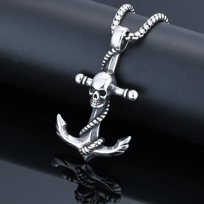 Stainless Steel Anchor Pendant – Punk Style Skull Anchor Necklace for Men | Vintage Nautical Jewelry | Titanium Steel Pendant | Wholesale