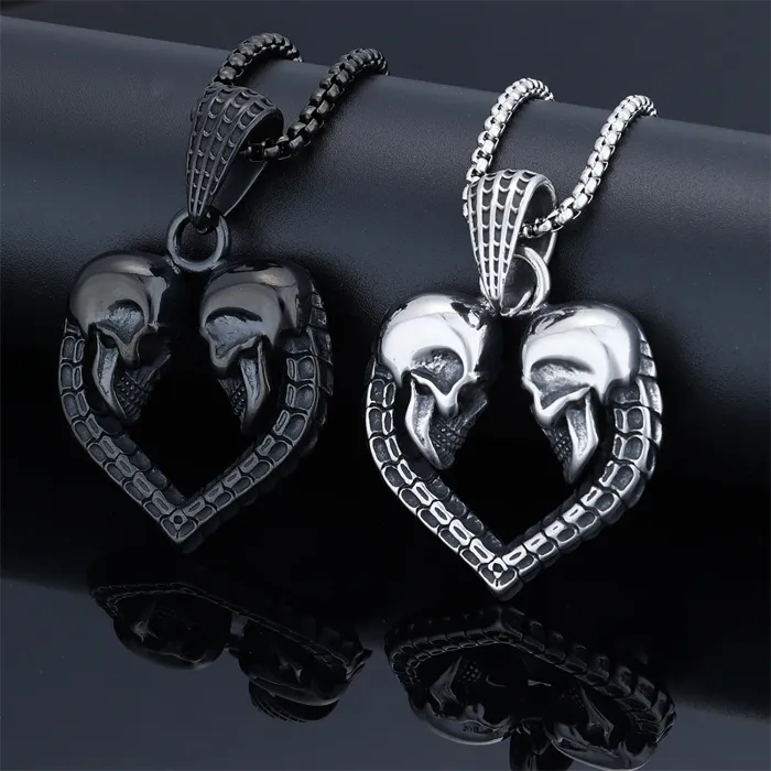 Vintage Skeleton Heart Pendant – Retro Punk Style Stainless Steel Necklace for Men | Skull Design Statement Jewelry | Wholesale