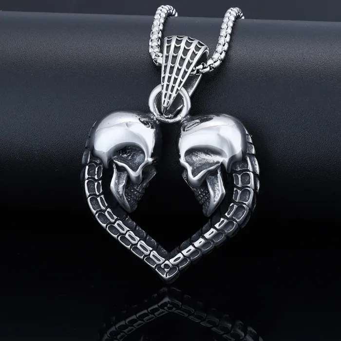 Vintage Skeleton Heart Pendant – Retro Punk Style Stainless Steel Necklace for Men | Skull Design Statement Jewelry | Wholesale