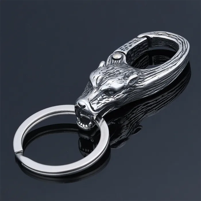 Vintage Viking Wolf Head Keychain – Retro Norse Style Punk Accessory for Men | Stainless Steel Key Ring | Wholesale