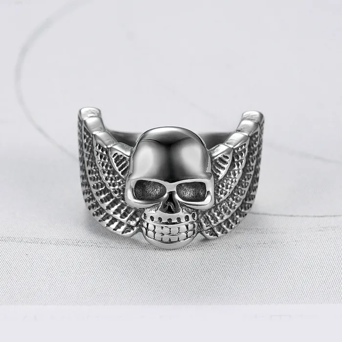 Winged Skull Ring – Titanium Steel Unisex Skeleton Ring with Wings, Gothic Punk Stainless Steel Jewelry Wholesale