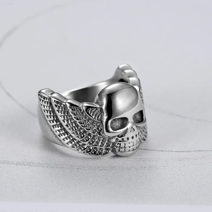 Winged Skull Ring – Titanium Steel Unisex Skeleton Ring with Wings, Gothic Punk Stainless Steel Jewelry Wholesale