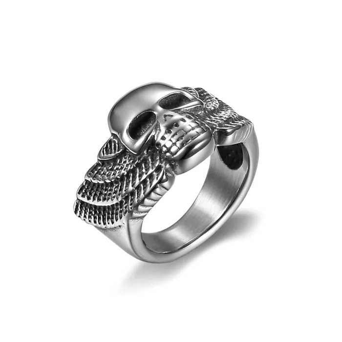 Winged Skull Ring – Titanium Steel Unisex Skeleton Ring with Wings, Gothic Punk Stainless Steel Jewelry Wholesale