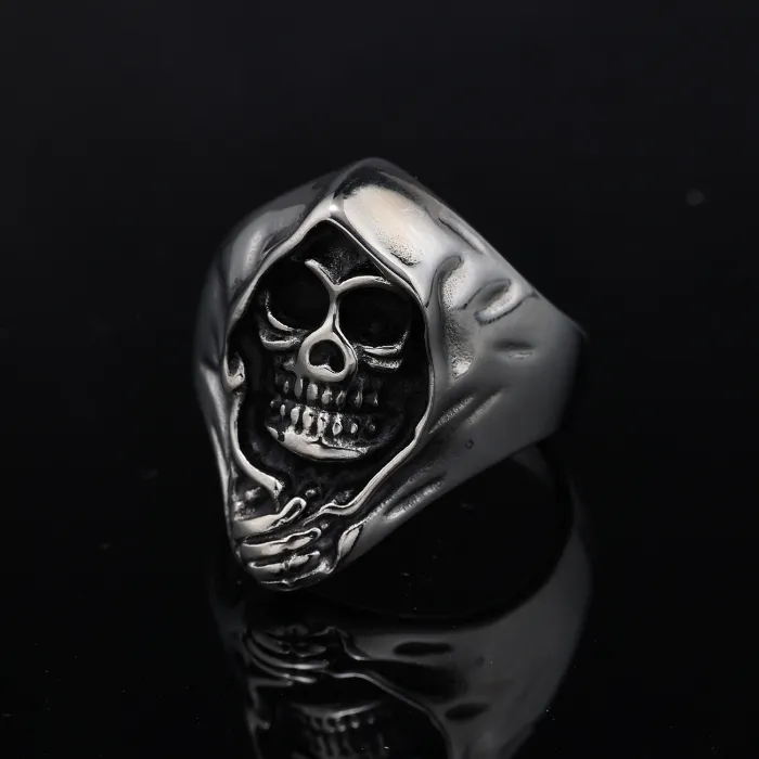 Grim Reaper Skull Ring – Stainless Steel Punk Rock Style Skeleton Ring for Men, Gothic Biker Jewelry Wholesale