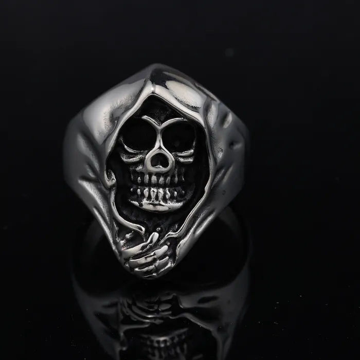 Grim Reaper Skull Ring – Stainless Steel Punk Rock Style Skeleton Ring for Men, Gothic Biker Jewelry Wholesale