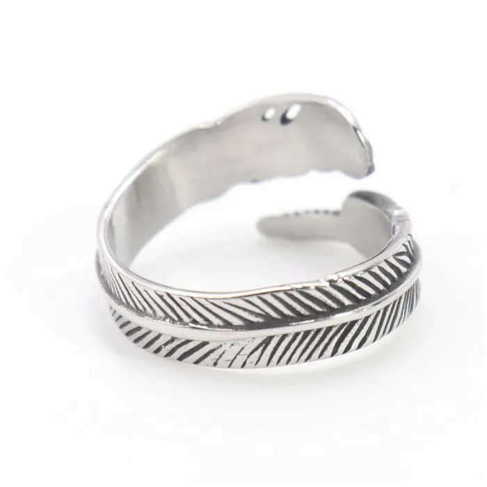 Feather Wrap Ring – Titanium Steel Unisex Adjustable Feather Band, Distressed Stainless Steel Ring, Minimalist Jewelry Wholesale