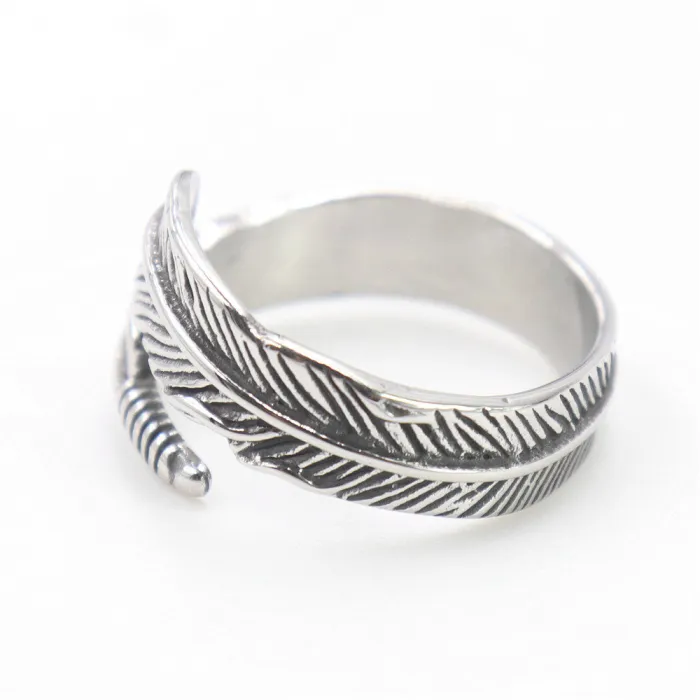 Feather Wrap Ring – Titanium Steel Unisex Adjustable Feather Band, Distressed Stainless Steel Ring, Minimalist Jewelry Wholesale
