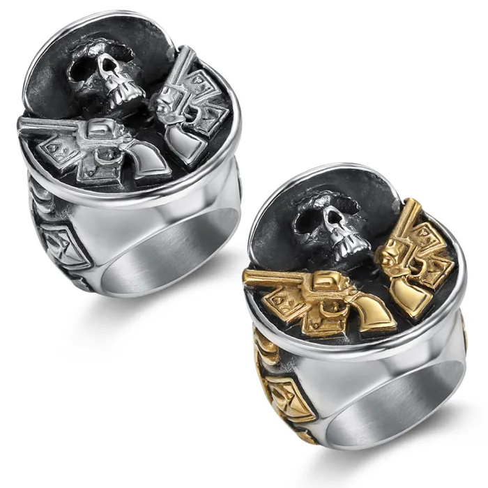 Double Gun Skull Ring – Vintage Punk Stainless Steel Ring for Men, Biker Style Skeleton Jewelry Wholesale