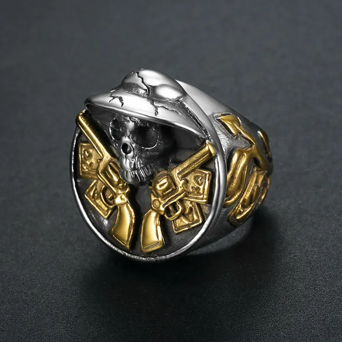Double Gun Skull Ring – Vintage Punk Stainless Steel Ring for Men, Biker Style Skeleton Jewelry Wholesale