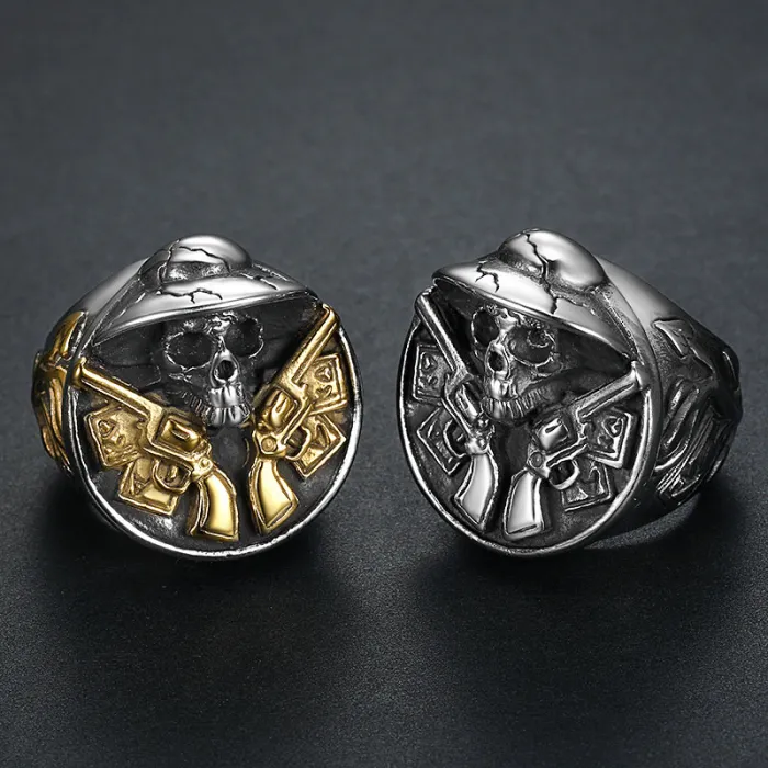 Double Gun Skull Ring – Vintage Punk Stainless Steel Ring for Men, Biker Style Skeleton Jewelry Wholesale