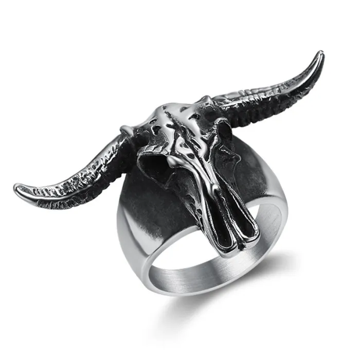 Aries Ram Skull Ring – Polished Titanium Steel Zodiac Ring for Men, Gothic Horned Skull Stainless Steel Jewelry Wholesale