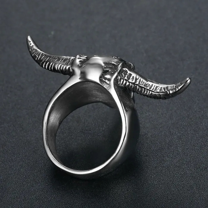 Aries Ram Skull Ring – Polished Titanium Steel Zodiac Ring for Men, Gothic Horned Skull Stainless Steel Jewelry Wholesale