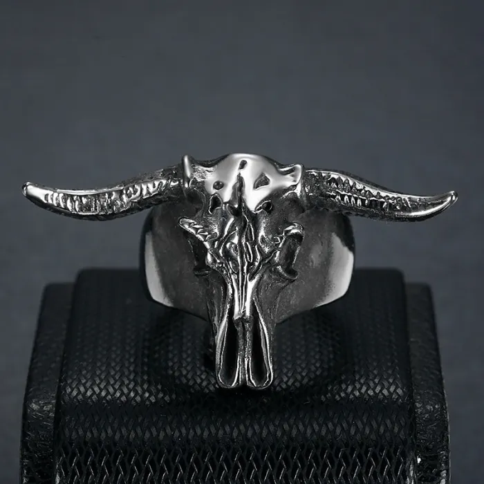 Aries Ram Skull Ring – Polished Titanium Steel Zodiac Ring for Men, Gothic Horned Skull Stainless Steel Jewelry Wholesale
