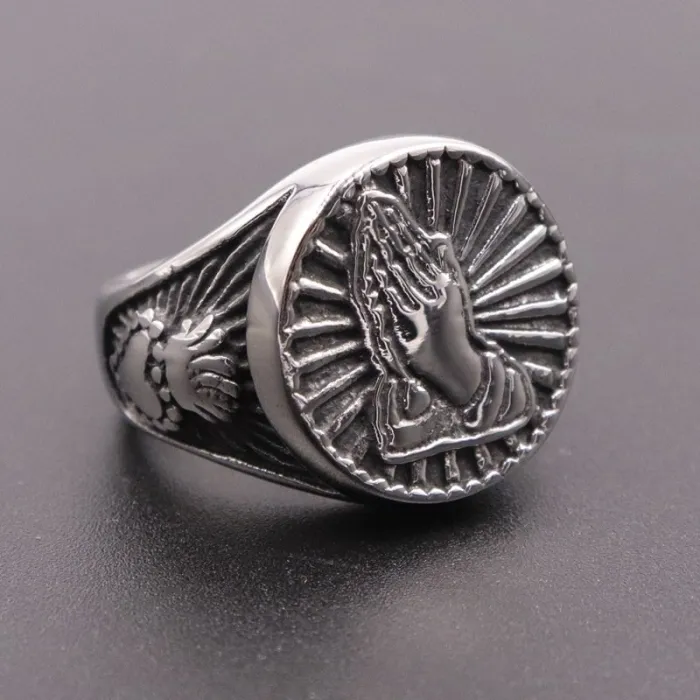 Praying Hands Skull Ring – Gothic Stainless Steel Faith Ring for Men, Punk Style Religious Jewelry Wholesale