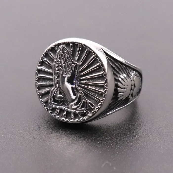 Praying Hands Skull Ring – Gothic Stainless Steel Faith Ring for Men, Punk Style Religious Jewelry Wholesale
