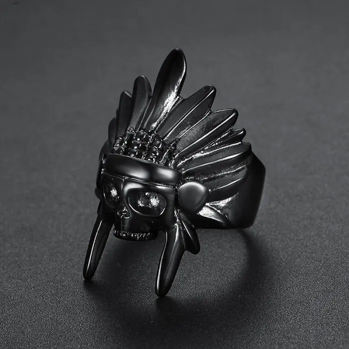 Indian Chief Skull Ring – Gold & Black Titanium Steel Men's Ring, Biker Style Native Head Jewelry Wholesale