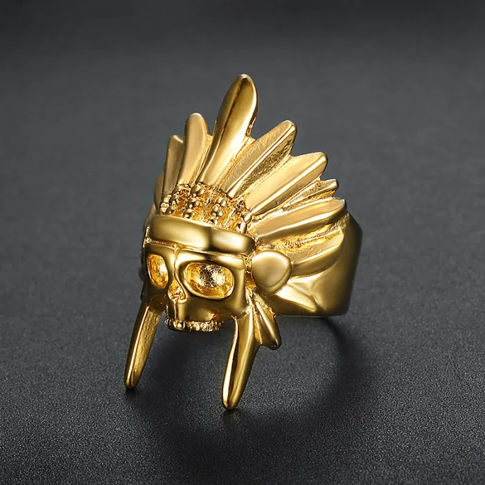Indian Chief Skull Ring – Gold & Black Titanium Steel Men's Ring, Biker Style Native Head Jewelry Wholesale