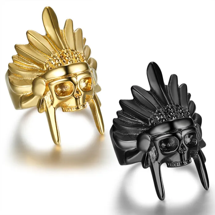 Indian Chief Skull Ring – Gold & Black Titanium Steel Men's Ring, Biker Style Native Head Jewelry Wholesale