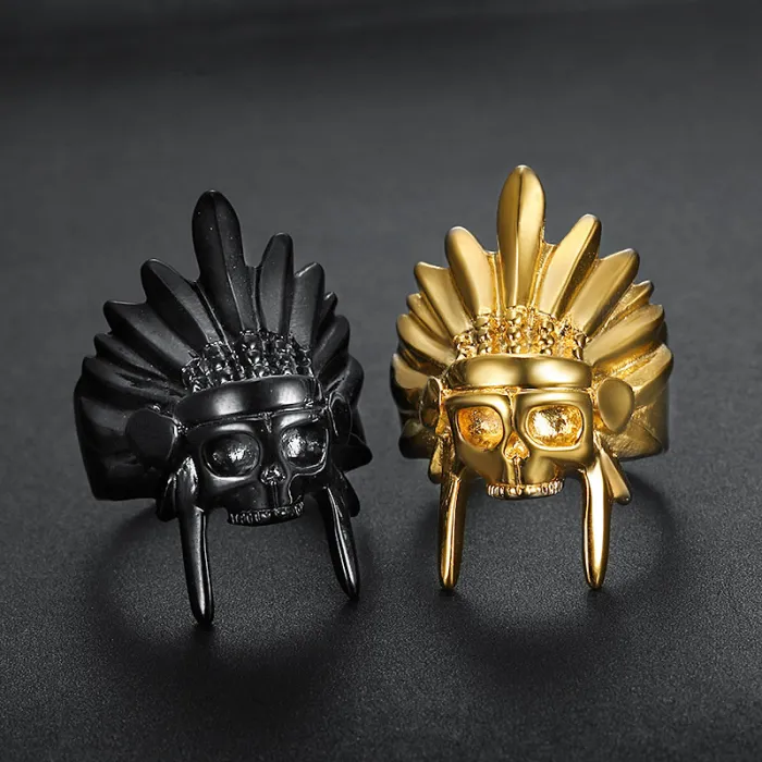 Indian Chief Skull Ring – Gold & Black Titanium Steel Men's Ring, Biker Style Native Head Jewelry Wholesale