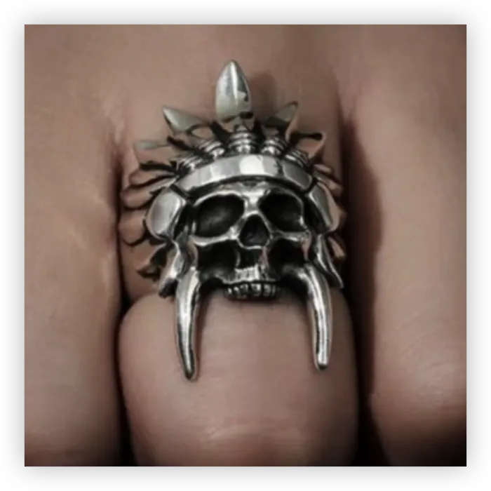 Indian Chief Skull Ring – Gold & Black Titanium Steel Men's Ring, Biker Style Native Head Jewelry Wholesale