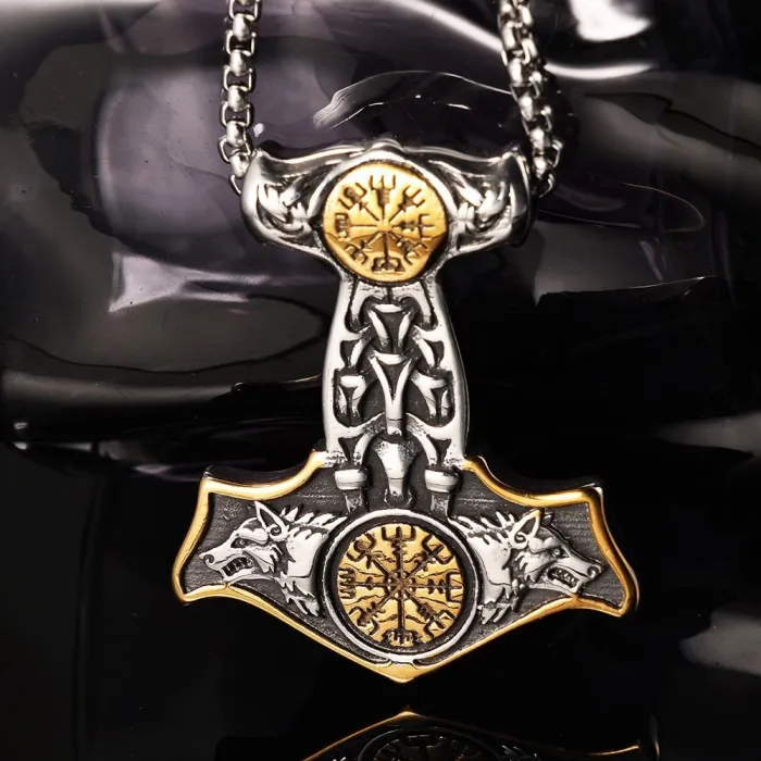 Vintage Viking Twin Wolf Head Pendant – Stainless Steel Norse Amulet Necklace for Men | Retro Animal Totem Jewelry | Wholesale