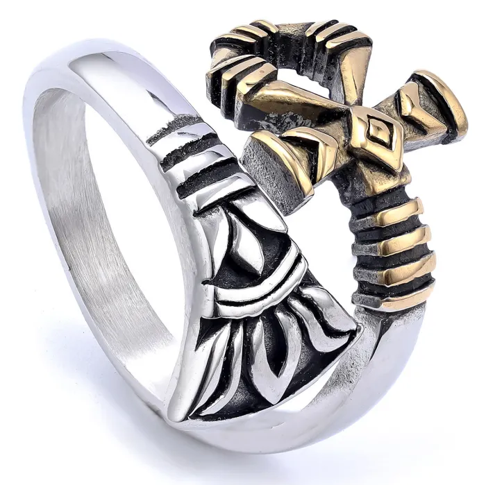 Punk Style Faith Cross Ring – Stainless Steel Gothic Religious Symbol Band for Men | Retro Adjustable Statement Ring | Wholesale