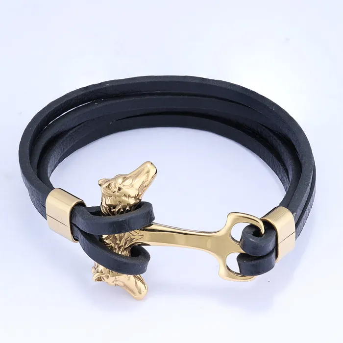 Punk Nordic War God Double Wolf Head Bracelet – Viking Style Leather Cord Wristband for Men | Retro Stainless Steel Jewelry | Wholesale